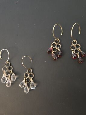 Set Of Teardrop Cluster Earrings - Gold with Red and Clear Teardrops